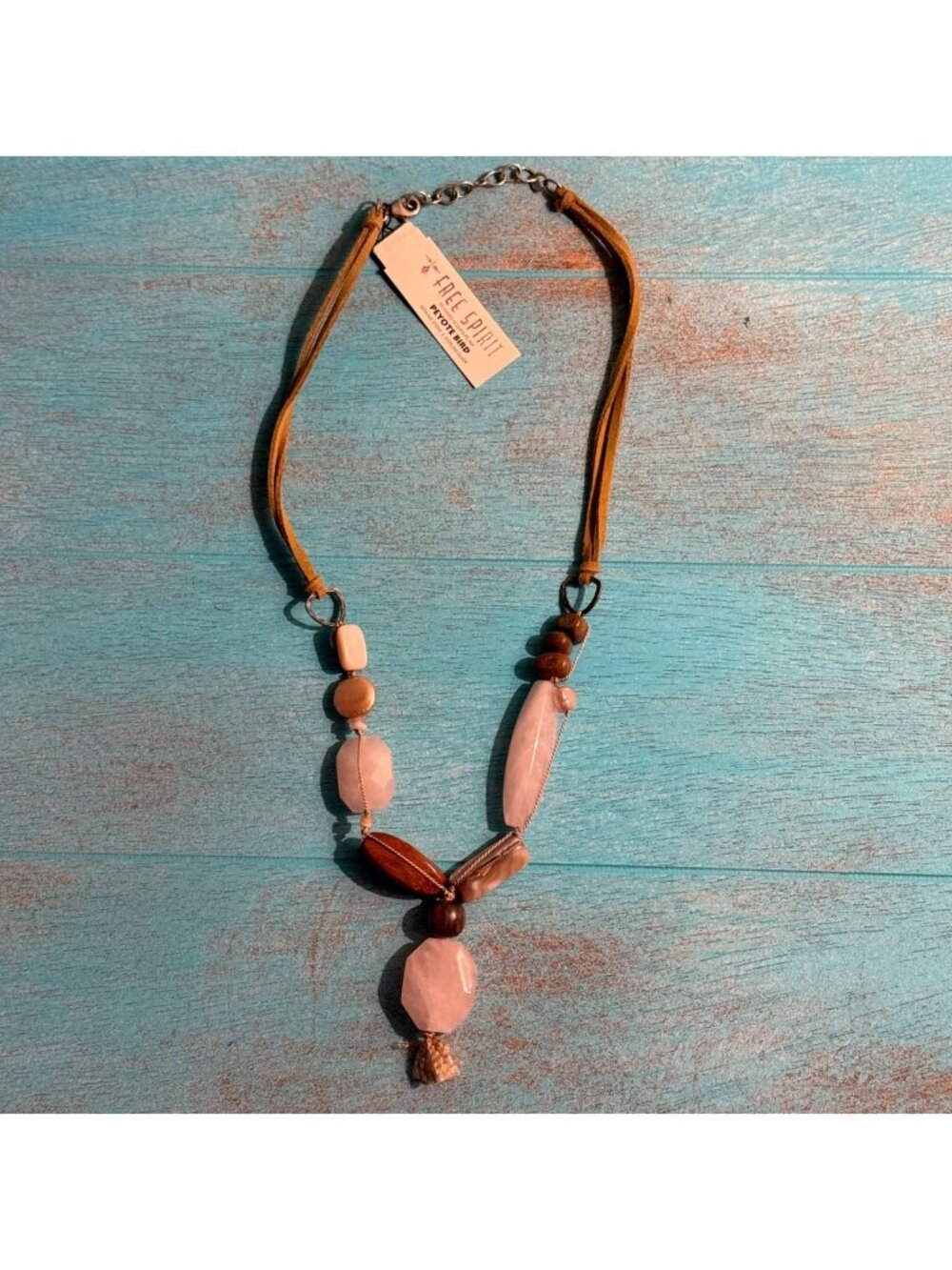 NWT Peyote Bird Free Spirit Pink Gemstone Wood Bead Leather Necklace